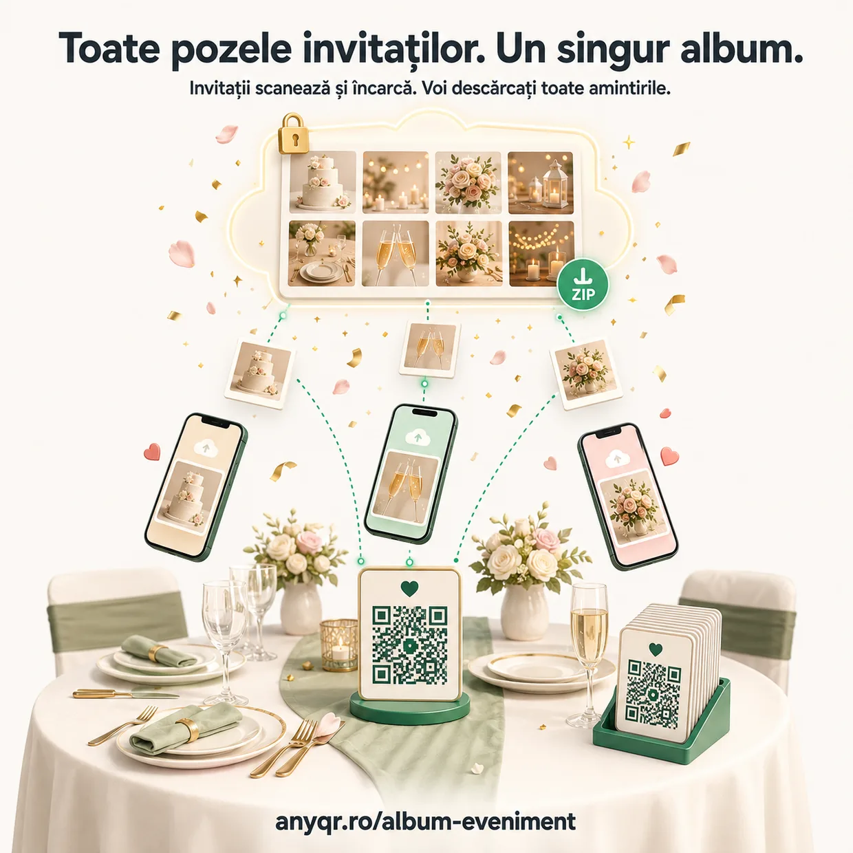 Album de eveniment AnyQR: invitații scanează codul QR de pe masă și încarcă pozele, care se adună într-o galerie privată cu parolă, descărcabilă ca ZIP