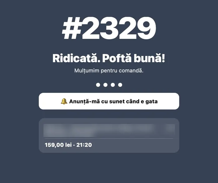 Telefonul clientului la ridicare: numărul comenzii mare, stare live și butonul Anunță-mă cu sunet