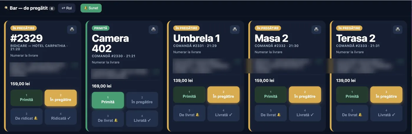 Ecranul Bar / Bucătărie: doar comenzile de pregătit