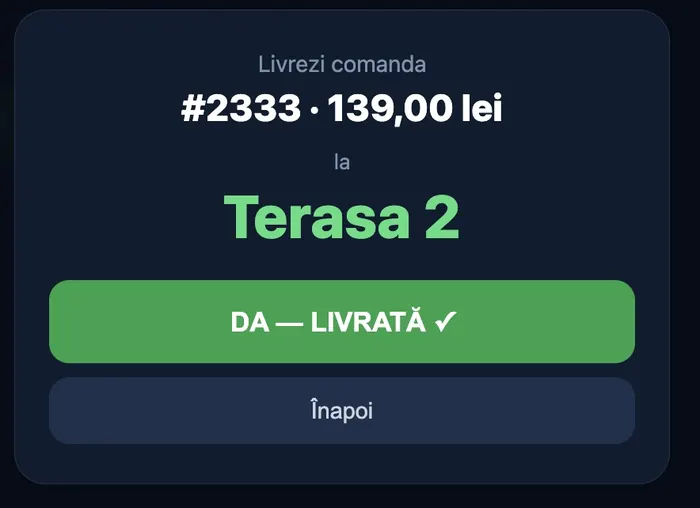 Confirmare înainte de predare: numărul mesei cu cifre uriașe