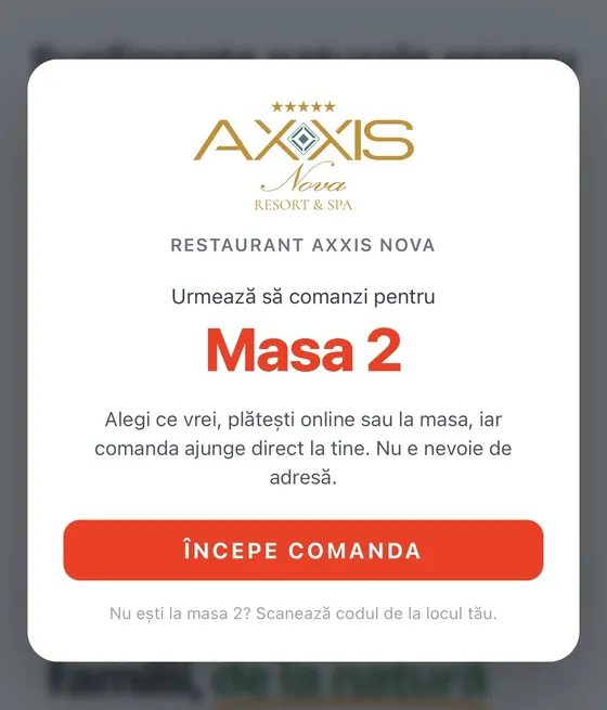 Fereastra de întâmpinare la scanare: Masa 2, în culoarea restaurantului