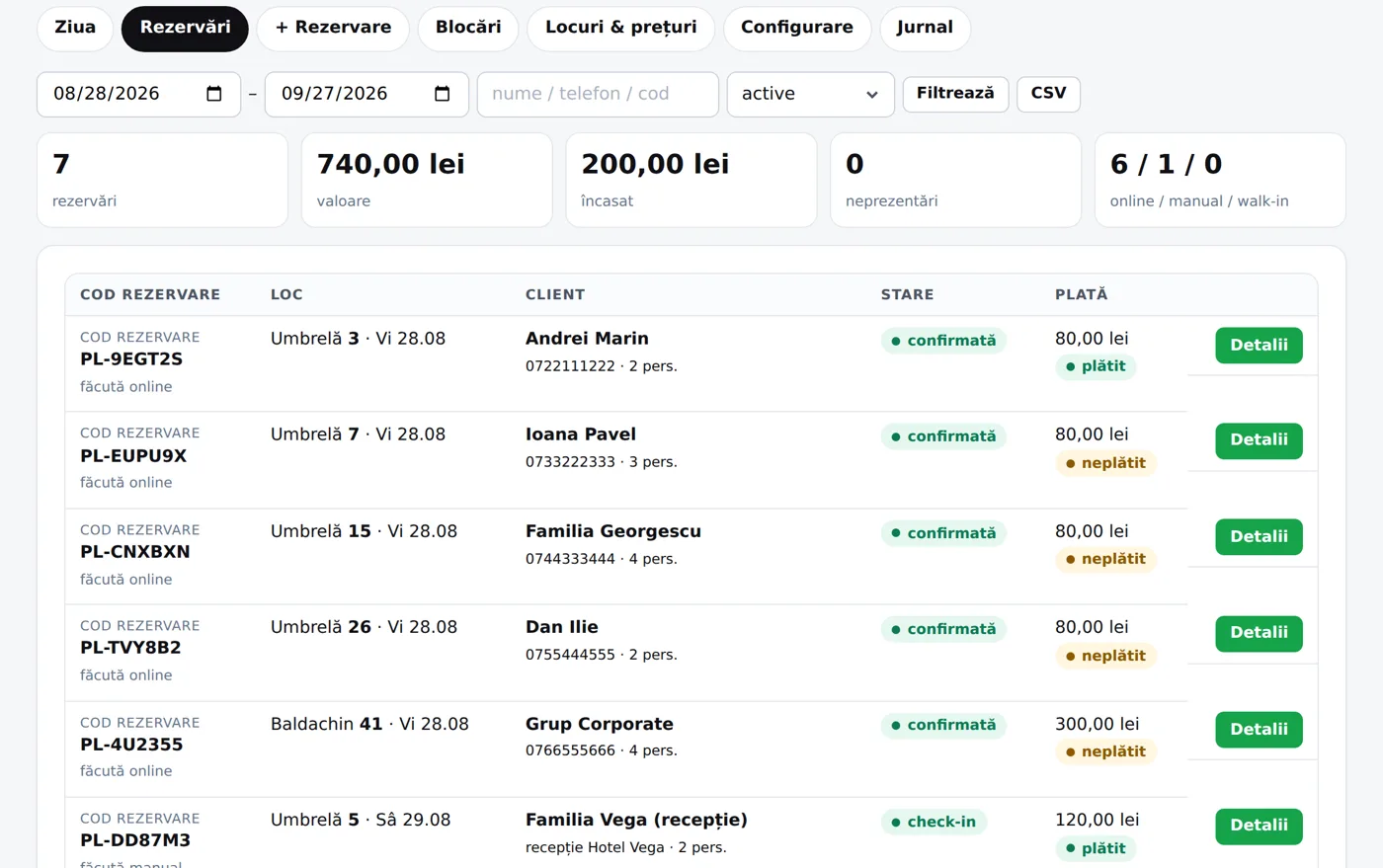 Lista rezervărilor cu stare și plată