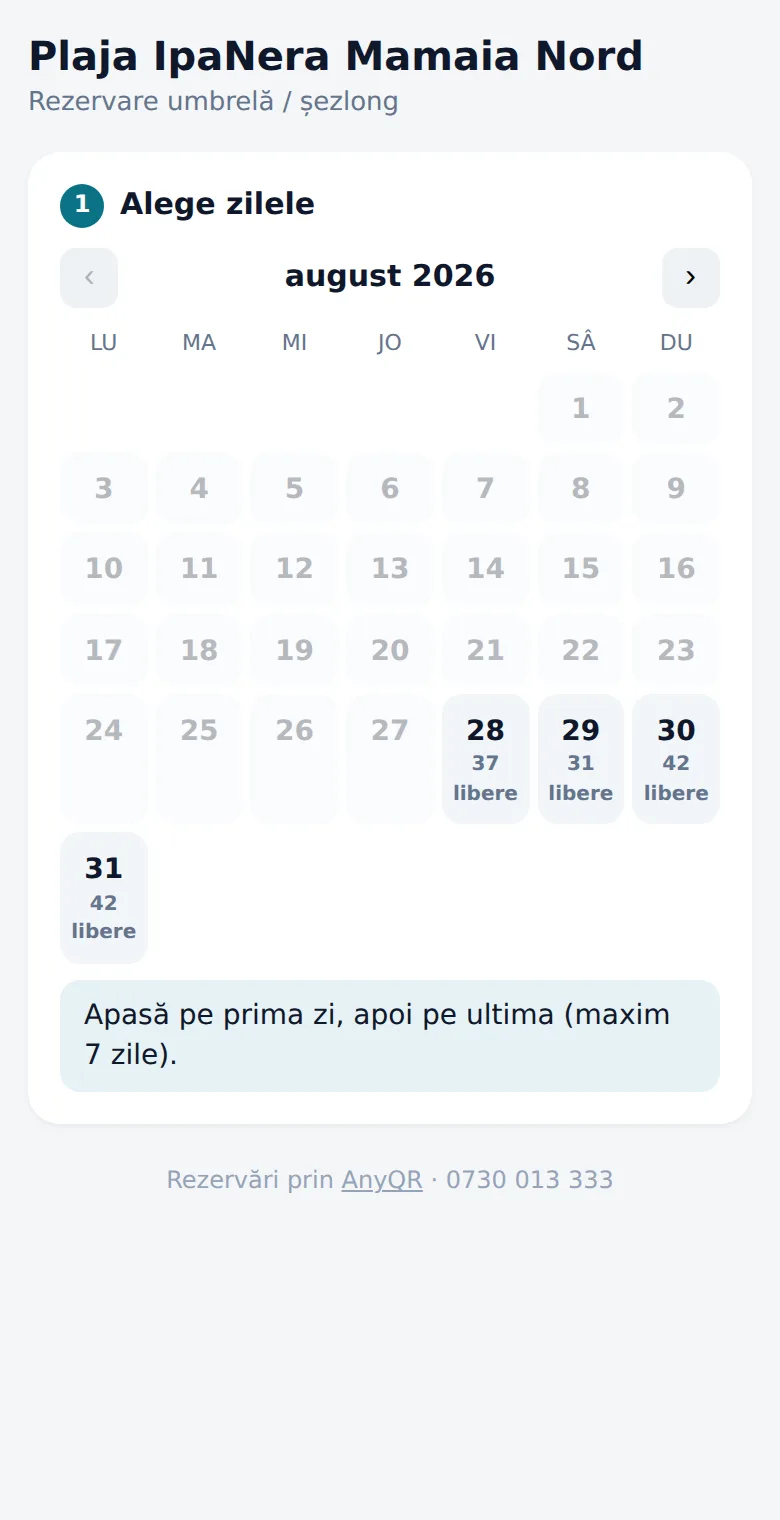 Calendarul cu zilele și locurile libere