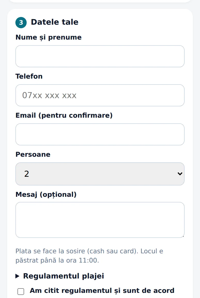Formularul de rezervare cu extra și regulament