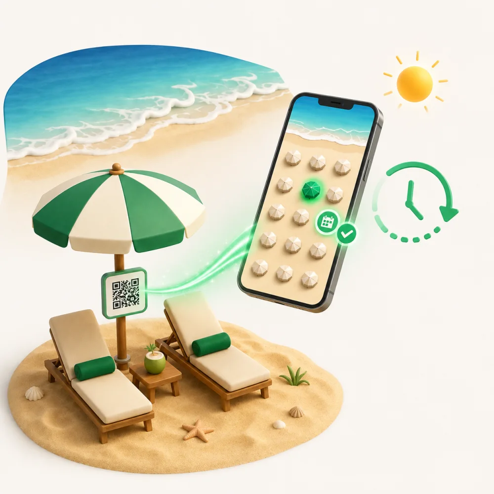 Sistemul de rezervări AnyQR: cod QR pe umbrelă, harta plajei pe telefon, panoul de rezervări la barul plajei