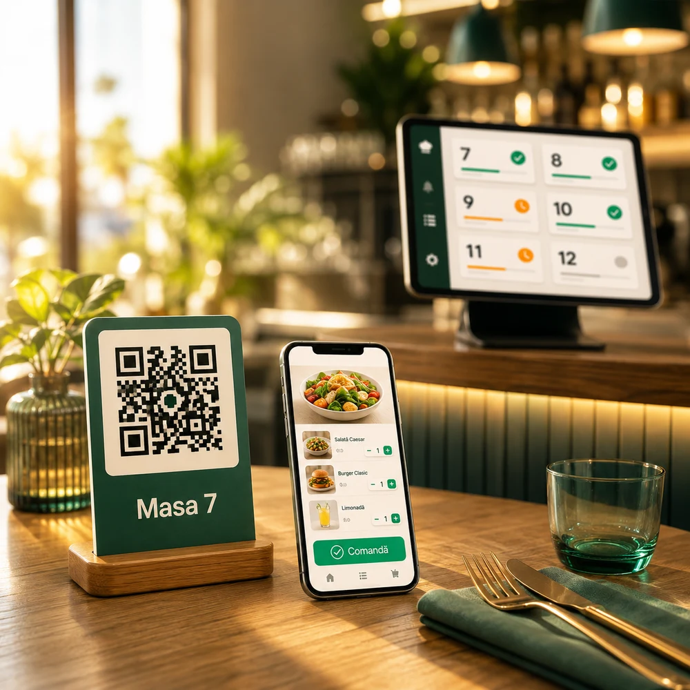 Comandă la masă prin cod QR — AnyQR: cartonaș Masa 7, telefon cu meniul și tabletă cu panoul de comenzi