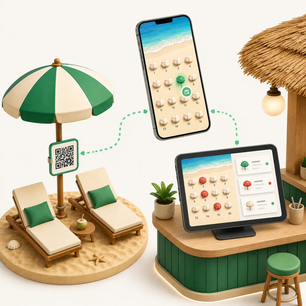 Ilustrație: cod QR AnyQR — Rezervări plajă & piscină